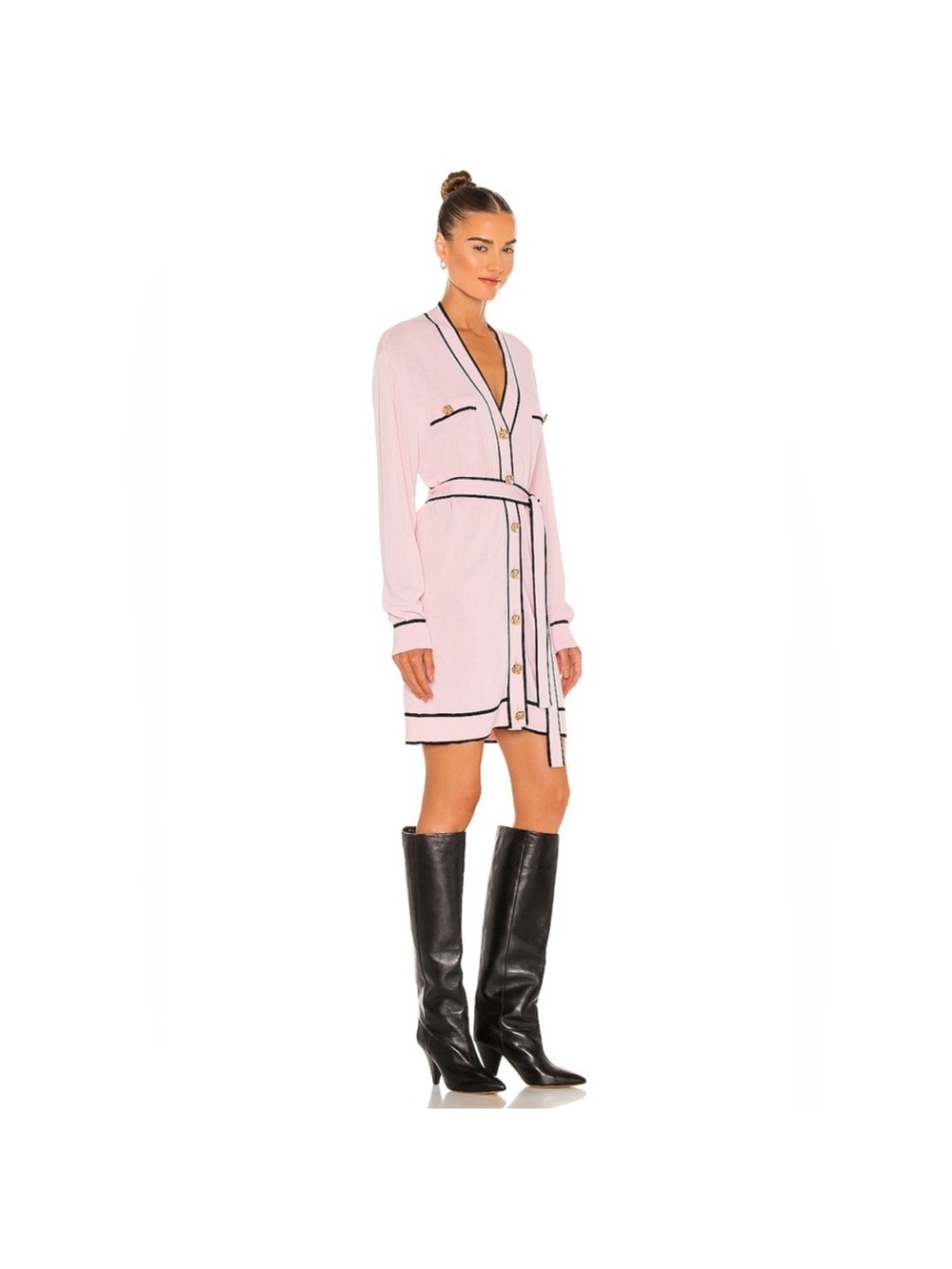 REVOLVE Pink Knit Belted Cardigan Mini with Black Trim - Picture 2 of 4